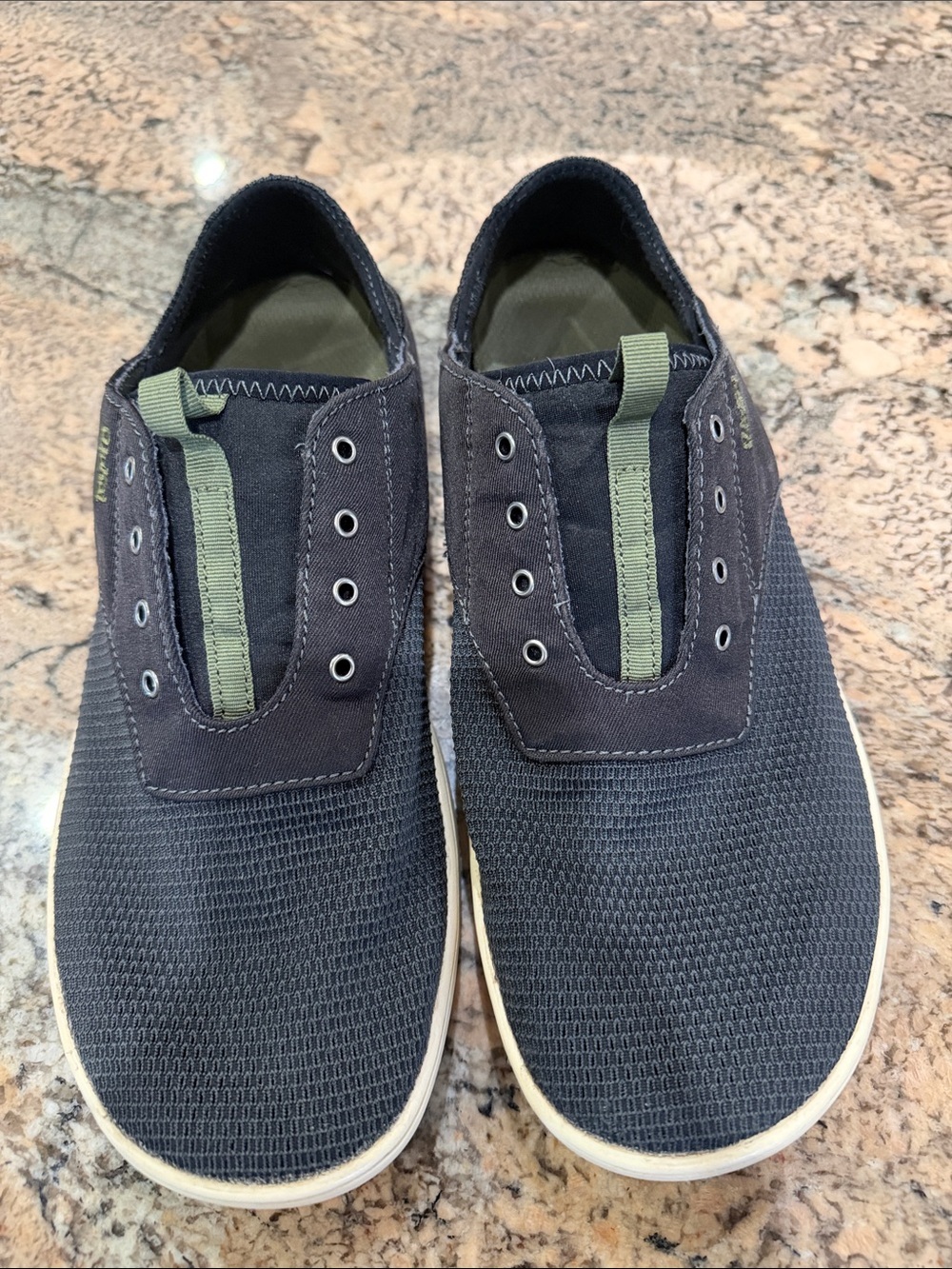 OluKai Men's Slip-On Sneakers in Navy and Olive Accent